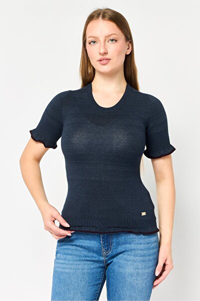 Harmont & Blaine Women Crew Neck Short Sleeve Knitted Top, Navy Blue