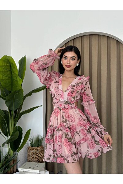 ETİKAFASHION Cut Out Fırfırlı Sırt Dekolteli Mini Elbise