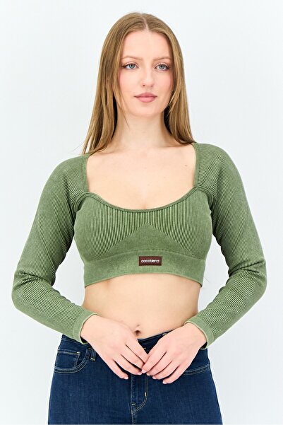 Cocoblend Women Sweetheart Neck Long Sleeves Ribbed Crop Top , Olive
