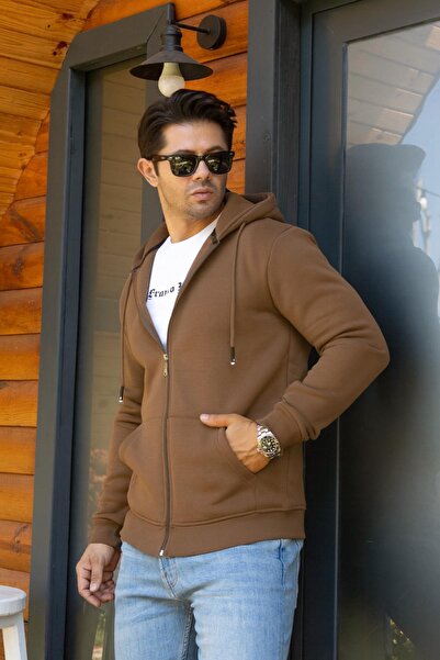 FRANCO RENZO بغطاء رأس سويت شيرت قطني بسحاب مبطن بالصوف خيط - بني