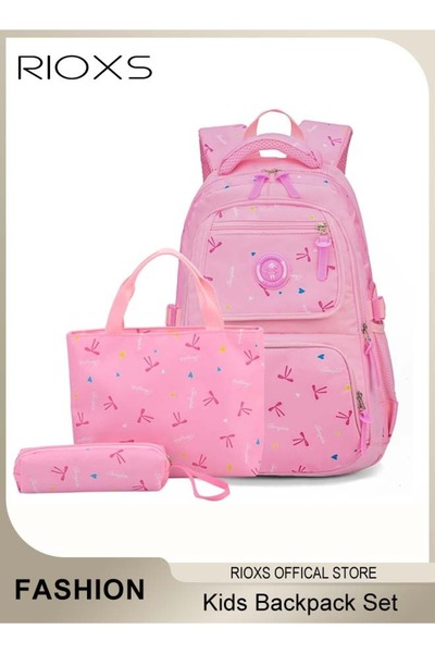 RIOXS حقيبة ظهر للأطفال، طقم حقائب ظهر مطبوع عليه فيونكة مكون من 3 قطع، حقيبة مدرسية للبنات في المرحلة الابتدائية مزينة بفيونكة، حقيبة مدرسية للمرحلة الإعدادية والثانوية