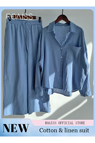 ROAISS Ladies 2 Piece Shirt Set Fashion Classic Solid Color Cotton Linen Shir...