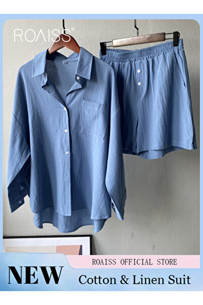 ROAISS Women's Summer Two Pieces Set Solid Color Lapel Cotton Linen Shirt Hig...