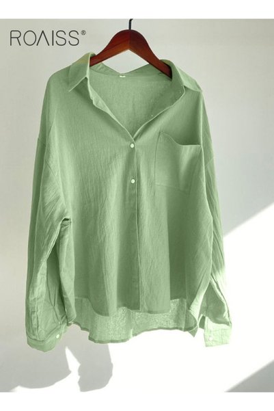 ROAISS Ladies 2 Piece Set New Trend Fashion Classic Solid Color Cotton Linen Shirt Suit Summer Spring Plus