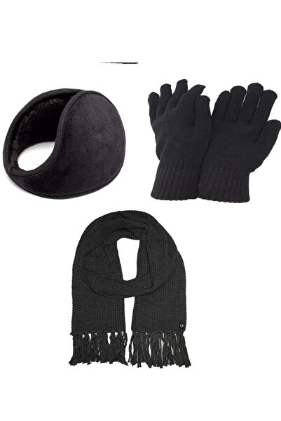 Generic Set Of 3 Winter Gloves, Shawl And Ear Muff Black For Men And Women