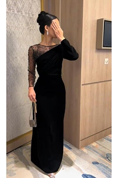 NO BRAND فستان اسود بكم شفاف ولول اسود