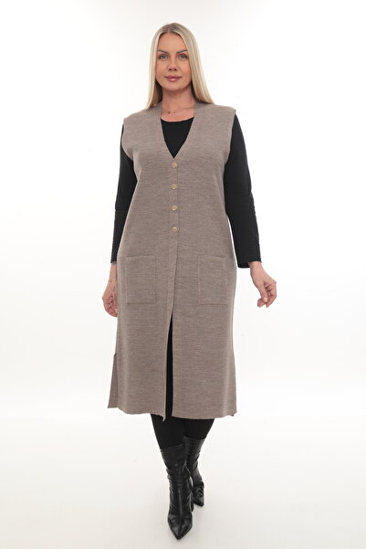 İKSUN Çelik Örgü Düğmeli Cepli Triko Kışlık Kalın Uzun Anne Örgü Yelek