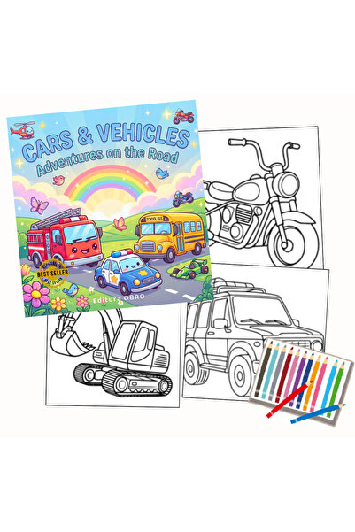 OBRO Carte de colorat pentru copii – Mașini și vehicule – 40 de ilustrații, p...