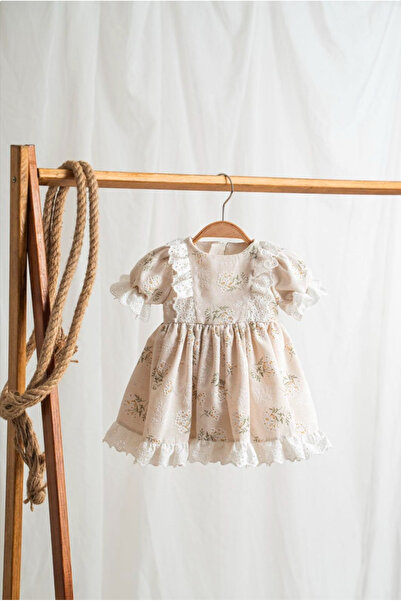 Mini Chics فستان ديميت قصير الأكمام من الكتان للفتيات