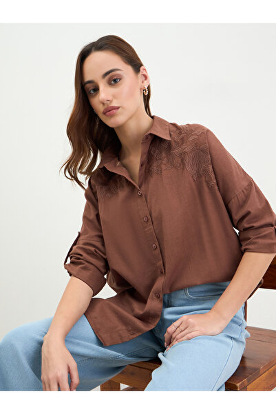 Styli Brown Embroidered Longline Shirt