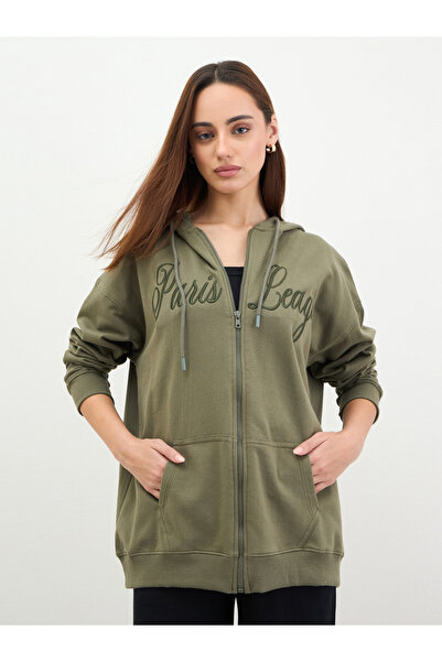 Styli Khaki Longline Sweatshirt with Embroidered Detail