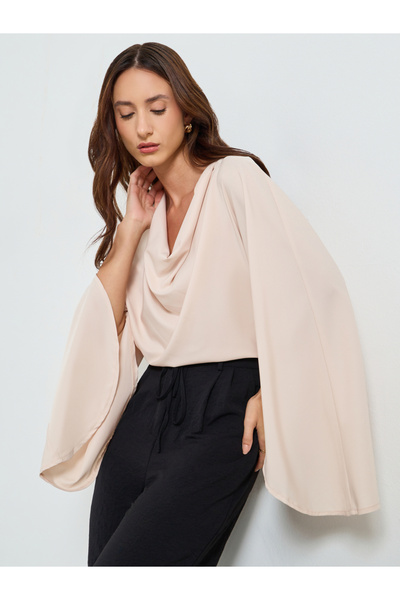 Take Two By Styli Women Beige Cowl Neck Split Sleeve Satin Top