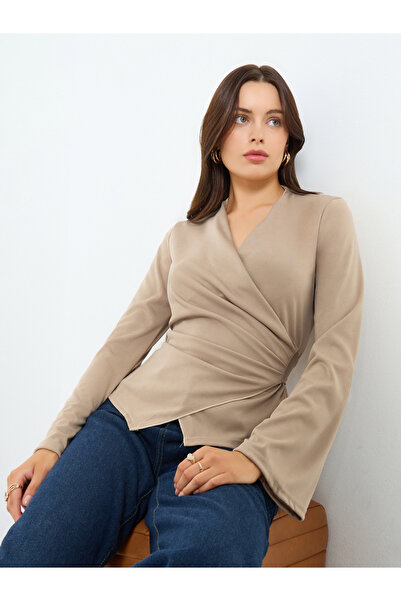 Styli Beige Solid Bell Sleeve Wrap Top