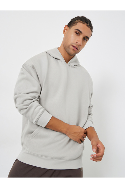 Styli Men Grey Oversized Fleece Back Printed Hoodie