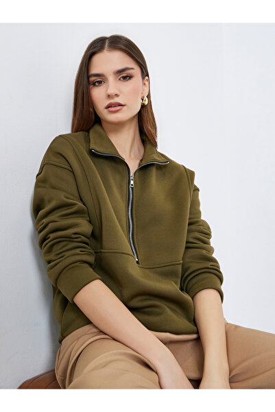 Styli Women Olive Green Zip-Neck Sweatshirt