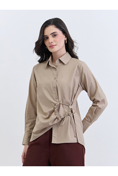Styli Women Beige Cotton Long Sleeve Tie-Waist Shirt