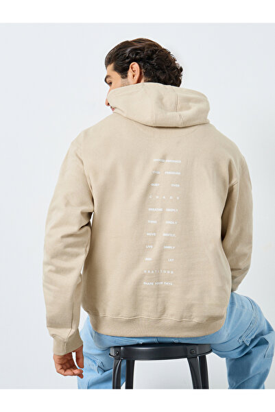 Styli Men Beige Relaxed Fit Slogan Hoodie