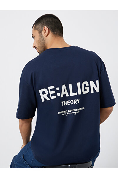 Styli Men Navy Blue Graphic Slogan Oversized T-Shirt