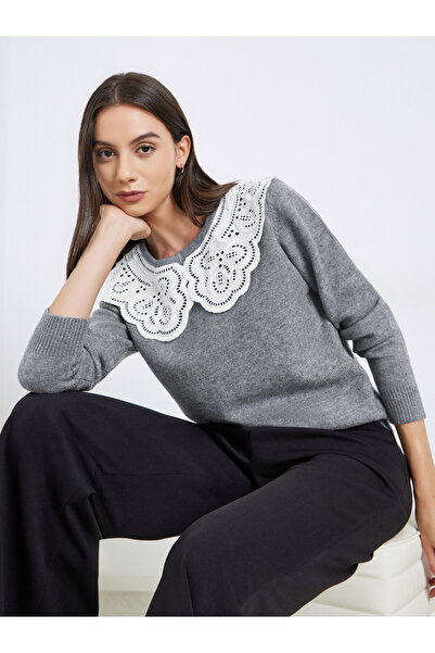 Take Two By Styli Solid Shoulder Lace Detail Long Sleeve Sweater