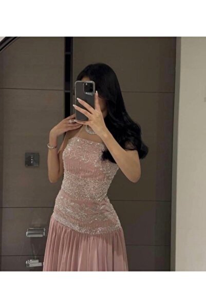 RUANI BIUTI فستان جورجيت وردي بكلف خرز