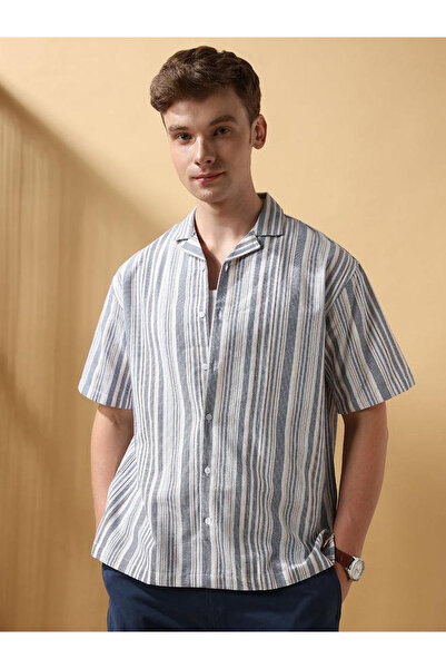 Dennis Lingo By Styli Men Blue Striped Resort Collar Shirt