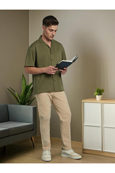 Dennis Lingo By Styli Men Olive Textured Cuban Collar Shirt