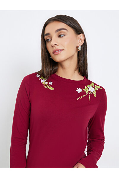 Styli Burgundy Embroidered Floral Long Sleeve T-Shirt