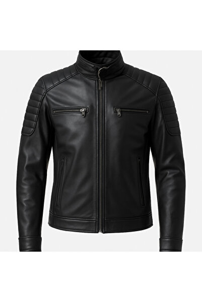 MODA Erkek Gerçek Deri Siyah Moto Tasarım Fermuarlı Deri Ceket