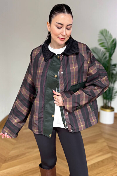 Cappmoda CKT-12483 Kahverengi Kadife Yakalı Ekose Muadil Ceket