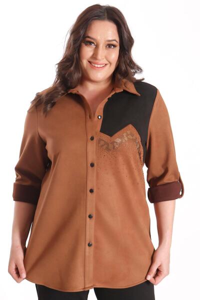 Metpoint Trend42Plus Large Size Suede Stone Printed Camel Shirt