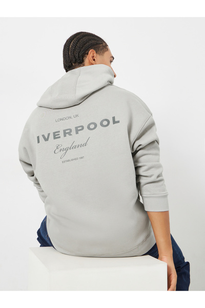 Styli Men Grey Oversized Fleece Back Printed Hoodie