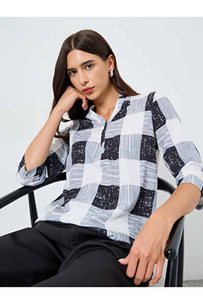 Take Two By Styli Checked V-Neck Button Front Top