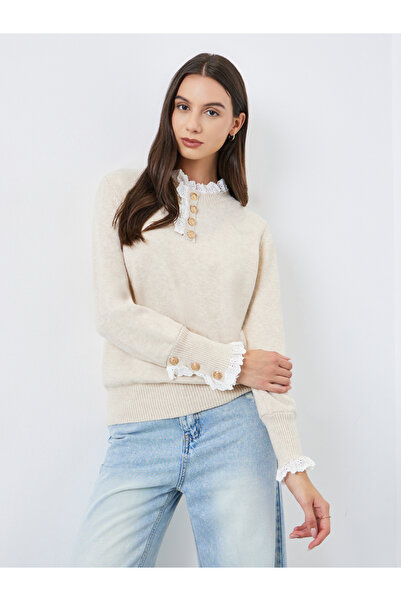 Take Two By Styli Solid Lace Trim Neck Metal Long Sleeve Sweater