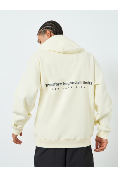 Styli Men Cream Slogan Print Fleece Hoodie