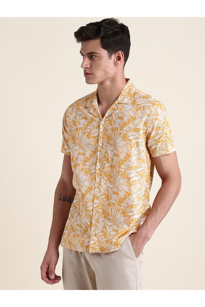 Dennis Lingo By Styli Men Yellow Floral Printed Cuban Collar Cotton Shirt