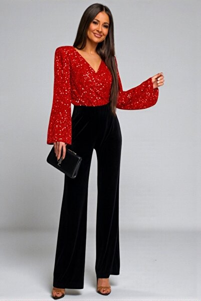 FashionForYou Salopetă lungă AVEN, semi-decupată, catifea cu paiete, roșie, mărimea S/M