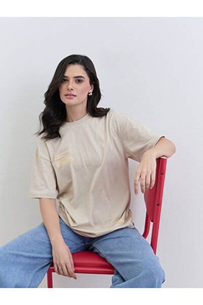 Styli Beige Oversized Embossed Print T-Shirt