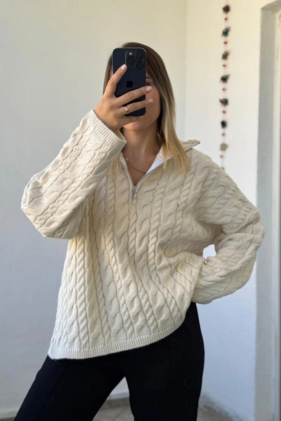 Kubos Moda Zippered Knitted Pattern Relaxed Fit Ecru Sweater