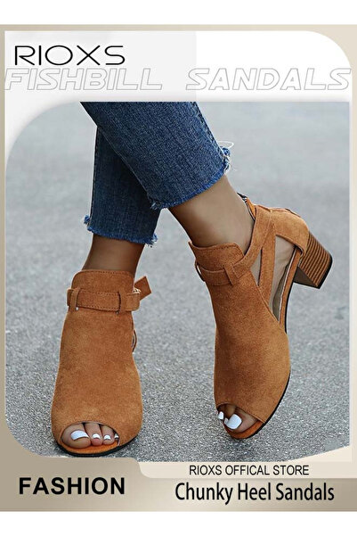 RIOXS Women's Peep Toe Heeled Snadals, Suede Chunky Heel Buckle Sandals with ...