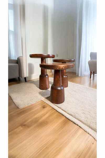 Simillo Home&Living Ahşap Mantar Sehpa 3’lü Set Masif Kestane Renk Zigon Rustik