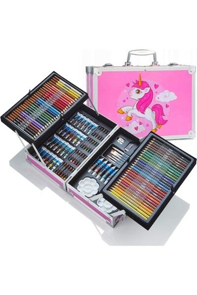 PİCCOLO Set de desen și pictură pentru copii, 145 de piese - Carcasă robustă, pliabilă, cu unicorn, roz