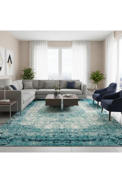 Carpettex Turkuaz Eskitme Halı Dijital Baskılı Modern Kaymaz Tabanlı Yıkanabi...