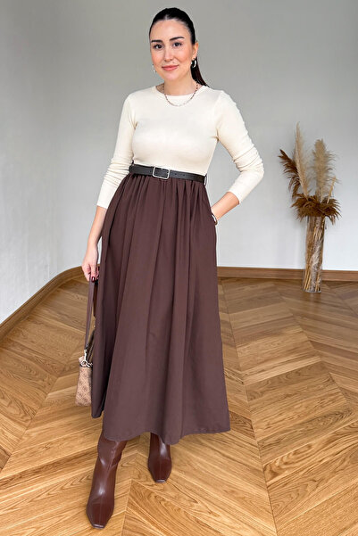 Cappmoda ELB-01841 Acı Kahve Kemerli Parçalı Maksi Elbise