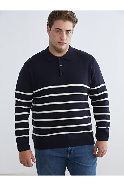 LC Waikiki سترة تريكو رجالية مخططة بياقة بولو كبيرة الحجم باللون الأزرق الداكن