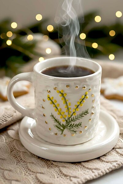 Rivaİstanbul طقم فناجين قهوة مزدوجة من السيراميك مصنوع يدويًا كهدية للعام الجديد مزين بالذهب عيار 24 قيراط من كوكينا أموير