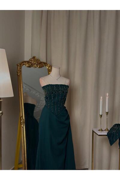 vanus fashion 6278- فستان تركوازي ساحر بتطريز فاخر وأكمام قابلة للتركيب