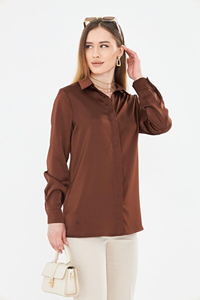 LOVELF Klasik Saten Gömlek Acı Kahve