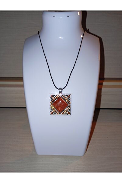 OEM Square Sunstone Pendant with Marcasite and Swarovski on Black Leather Necklace