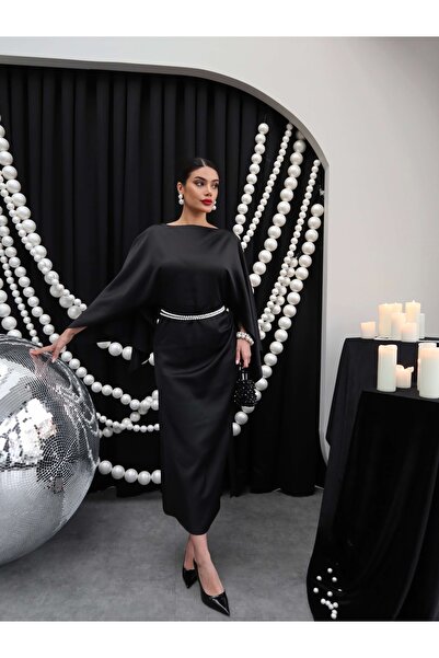 ESRAHELVACI Boat Neck Slit Satin Dress