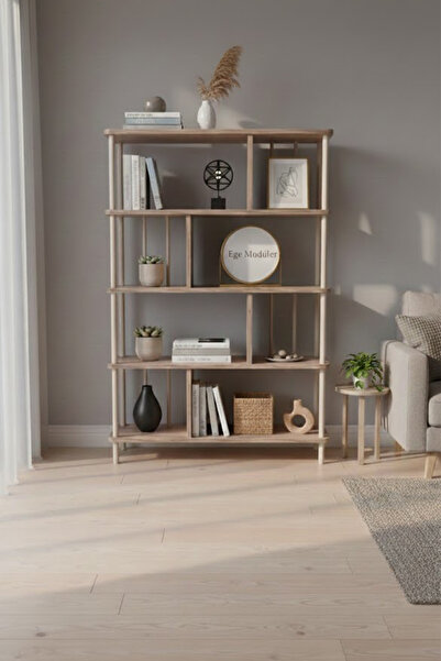 EGEMODÜLER 5 Raflı Dekoratif Ahşap Kitaplık Bölmeli Mutfak Rafı Çok Amaçlı Dü...